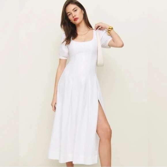 NEW Reformation Coucou Midi Linen Dress Puff Sleeves White | size 4 B2028 - Picture 1 of 8